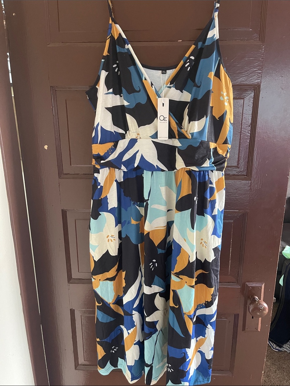 2XL OE OUGES V Neck Dress in Teal, Mustard & Navy